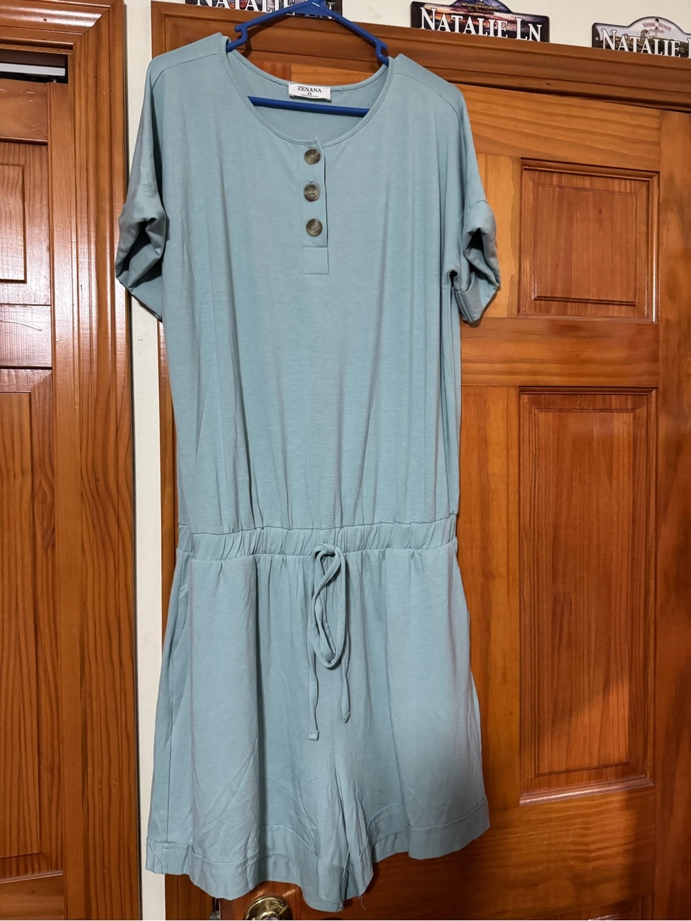 Zenana Outfitters Seafoam Short-Sleeve Drawstring Romper